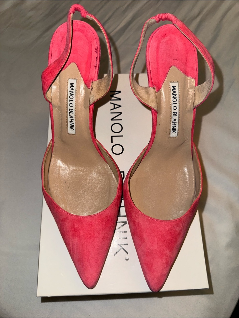 Manolo Blahnik Pink Coral Suede Pointed Slingback Pumps